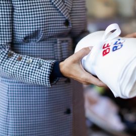 Melania Trump holds a blanket embroidered with her ‘Be Best’ campaign logo at Thomas Jefferson University Hospital in 2018