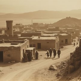 Sepia image of people walking around in a town in the Middle East after WWI