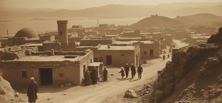 Sepia image of people walking around in a town in the Middle East after WWI