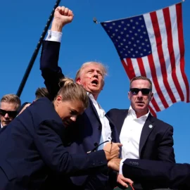 Melania Trump's husband Donald Trump raises his fist after being shot in an assassination attempt in Butler, PA, in July 2024