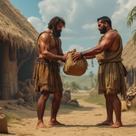 A man giving a sack of food to another man in an ancient village illustrates the link between evolution and morality