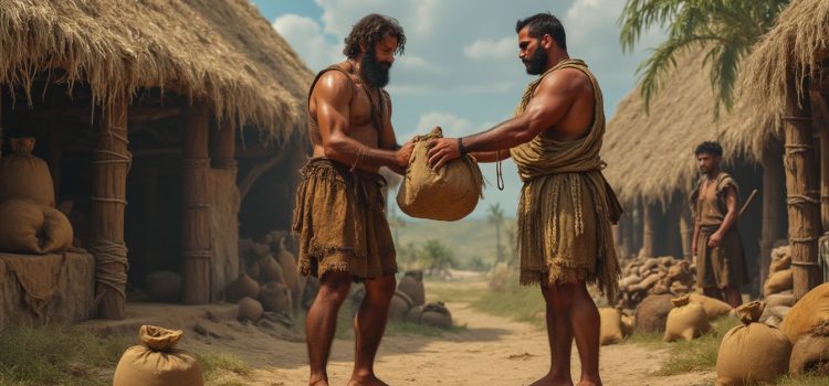 A man giving a sack of food to another man in an ancient village illustrates the link between evolution and morality