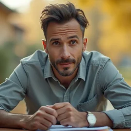 A bearded man wearing a denim shirt and a confident look illustrates an empowering mindset