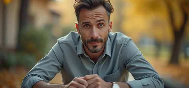 A bearded man wearing a denim shirt and a confident look illustrates an empowering mindset