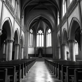 The interior of an old gothic church illustrates the view that Christianity is outdated