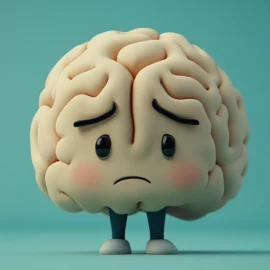 A brain with a sad face, representing what causes mental illness in the brain