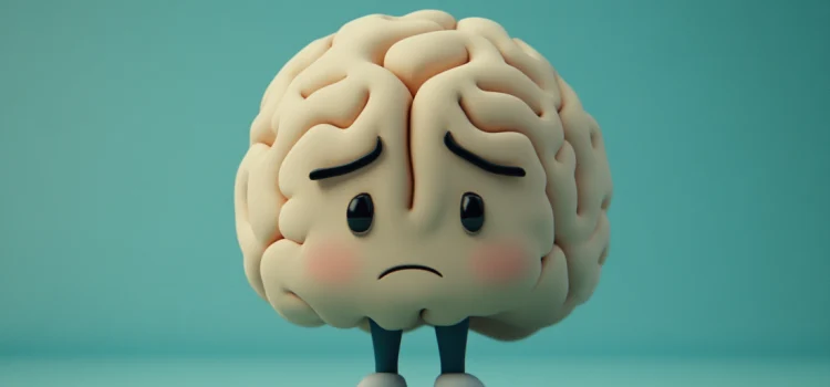 A brain with a sad face, representing what causes mental illness in the brain