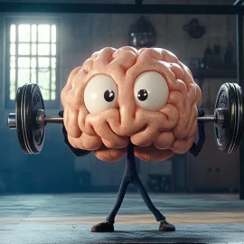 A cartoon image of a brain in a gym lifting a weight, signifying being mentally strong