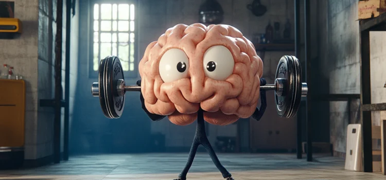 A cartoon image of a brain in a gym lifting a weight, signifying being mentally strong