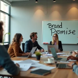 A team working in a conference room where the words "Brand Promise" are written on a whiteboard