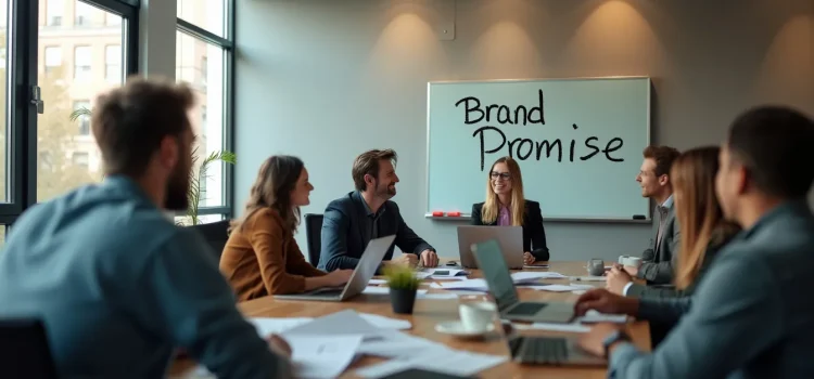 A team working in a conference room where the words "Brand Promise" are written on a whiteboard