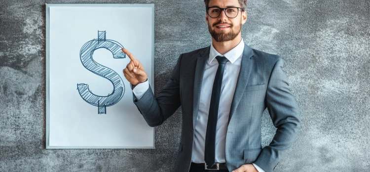 A businessman pointing to a dollar sign on a whiteboard, talking about the types of business cycles in economics