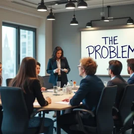 A team formulating a problem-solving strategy in a conference room with the words "THE PROBLEM" written on a whiteboard