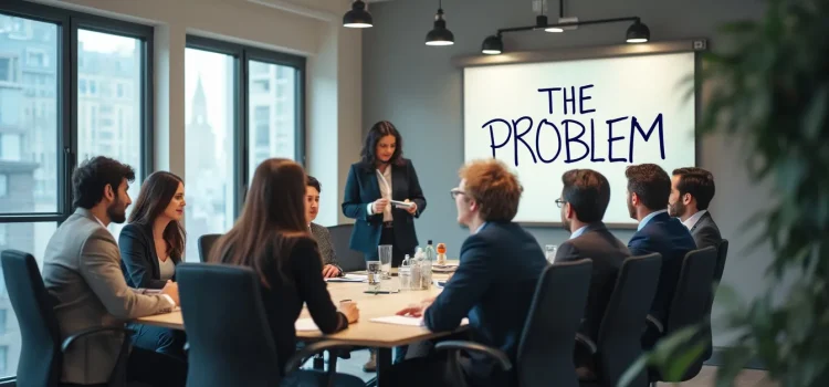 A team formulating a problem-solving strategy in a conference room with the words "THE PROBLEM" written on a whiteboard