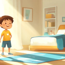 A cartoon image of a young boy standing in a clean bedroom while holding a broom, representing teaching responsibilities to your children