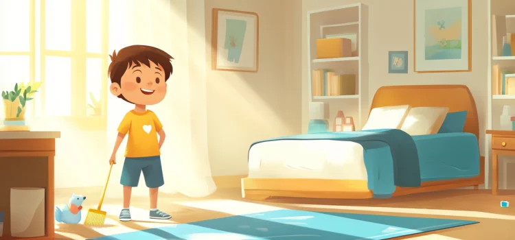 A cartoon image of a young boy standing in a clean bedroom while holding a broom, representing teaching responsibilities to your children