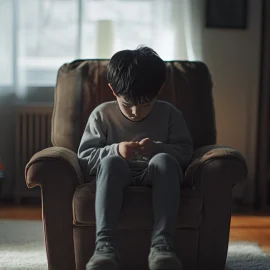 A young boy sitting in a chair in a living room looking sad, representing punishment vs. discipline in parenting