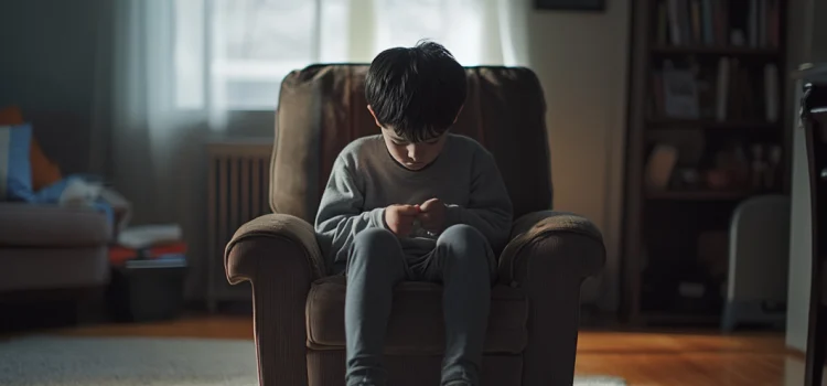 A young boy sitting in a chair in a living room looking sad, representing punishment vs. discipline in parenting