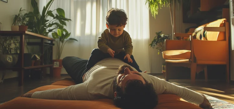 An entitled child sitting on top of his father, who is laying on the living room floor