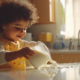 A young child in a kitchen accidently pouring milk onto a counter, learning that it's okay to make mistakes