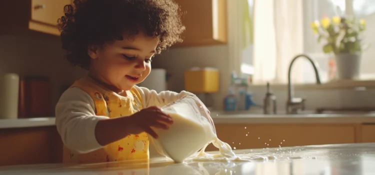 A young child in a kitchen accidently pouring milk onto a counter, learning that it's okay to make mistakes