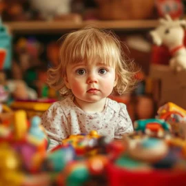 A toddler girl sitting in a room surrounded by toys because she has an overindulgent parent