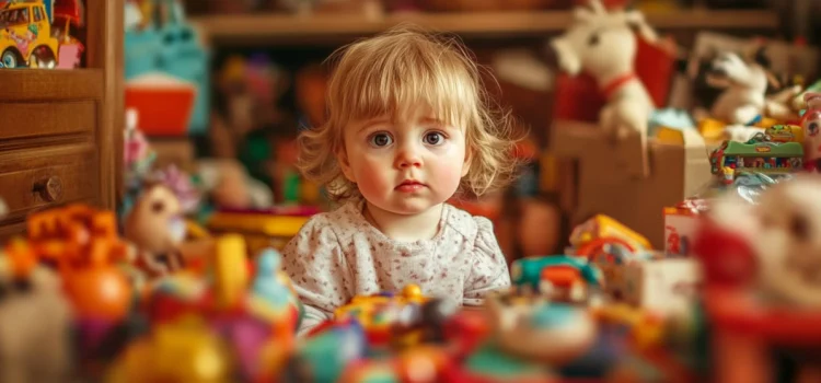 A toddler girl sitting in a room surrounded by toys because she has an overindulgent parent