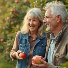 A middle-aged couple picking apples in an orchard illustrates how to live a full life