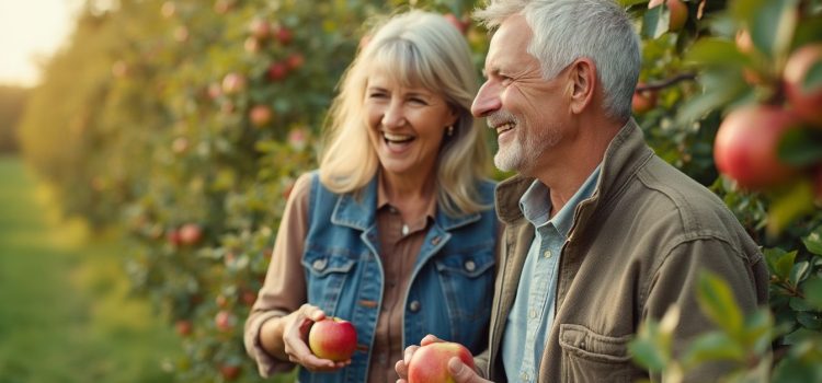 A middle-aged couple picking apples in an orchard illustrates how to live a full life