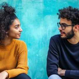 A man and a woman learning how to improve conversational skills by talking to each other