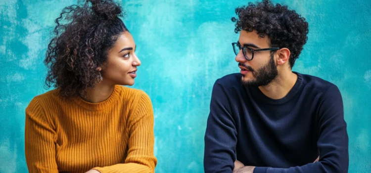 A man and a woman learning how to improve conversational skills by talking to each other