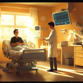 A doctor giving a psychosomatic disorder diagnosis in a hospital room