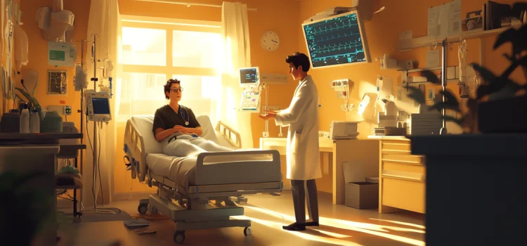 A doctor giving a psychosomatic disorder diagnosis in a hospital room