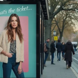 Female model in a fashion advertisement on a bus stop that says "That's the ticket"