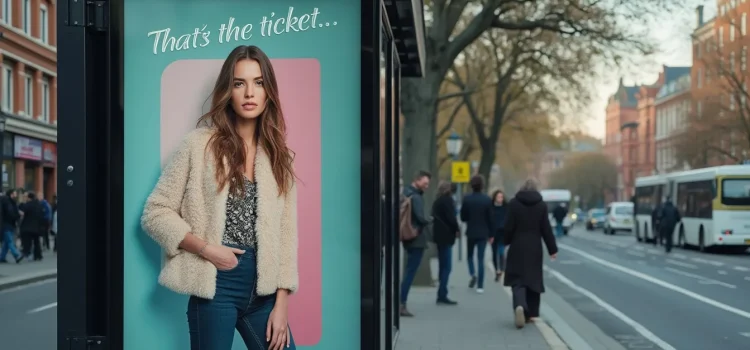 Female model in a fashion advertisement on a bus stop that says "That's the ticket"