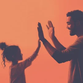 A father giving his young daughter a high-five on a plain orange background, representing the avoidance of a perfectionist parenting style