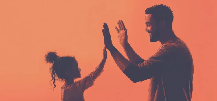 A father giving his young daughter a high-five on a plain orange background, representing the avoidance of a perfectionist parenting style