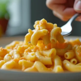 A person getting a forkful of macaroni and cheese illustrates the effects of eating processed foods