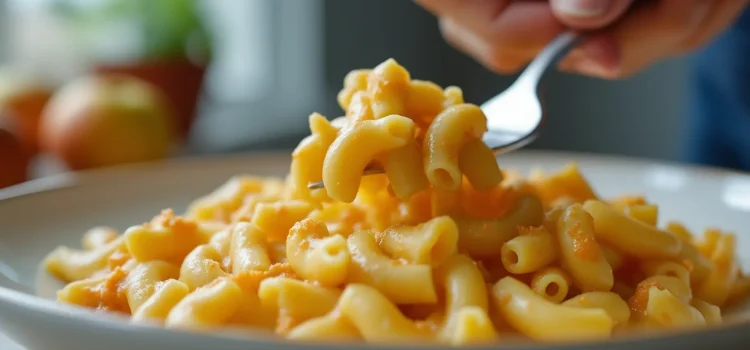 A person getting a forkful of macaroni and cheese illustrates the effects of eating processed foods