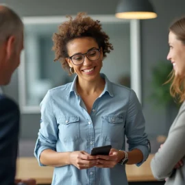 A smiling woman with three of her colleagues illustrates integrative thinking in leadership