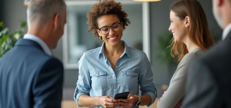 A smiling woman with three of her colleagues illustrates integrative thinking in leadership