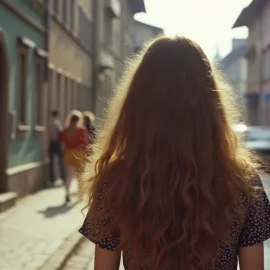 A girl with long brown hair, seen from behind, walking down the street in Eastern Europe in the 1980s