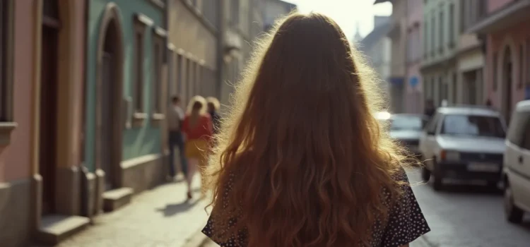 A girl with long brown hair, seen from behind, walking down the street in Eastern Europe in the 1980s