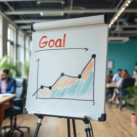 A whiteboard with goal metrics (a line graph labeled "Goal") in the middle of an open workspace