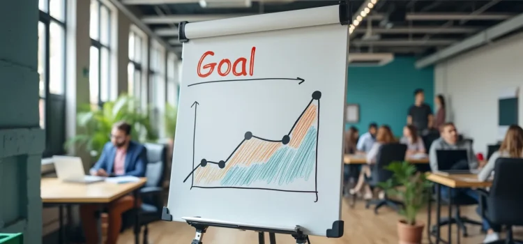 A whiteboard with goal metrics (a line graph labeled "Goal") in the middle of an open workspace