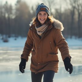 A smiling woman in a winter hat and coat ice skating on a pond illustrates how to feel more alive