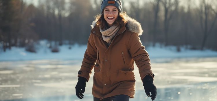 A smiling woman in a winter hat and coat ice skating on a pond illustrates how to feel more alive