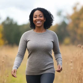 A happy woman walking in a field, experiencing the benefits of positive thinking