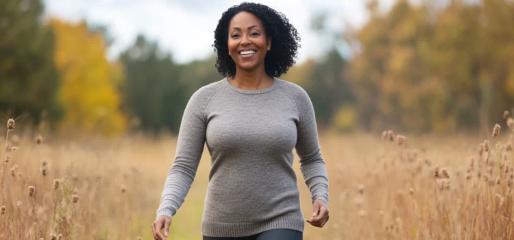 A happy woman walking in a field, experiencing the benefits of positive thinking