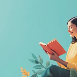 A happy woman reading a book against a blue background